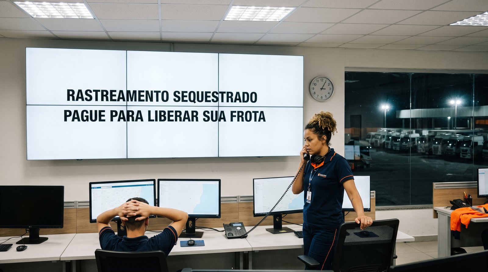 Telão de monitoramento de transportadora exibe sequestro da frota às 3h07, madrugada de resposta a incidente cibernético.