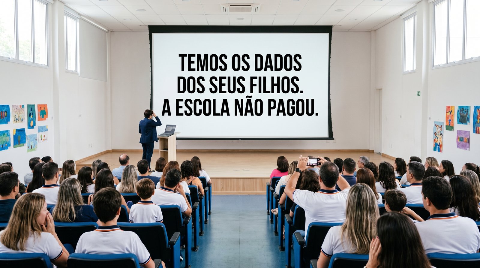 Telão de reunião de pais em escola particular exibe ameaça sobre dados dos filhos, tema central da LGPD e do seguro cyber.