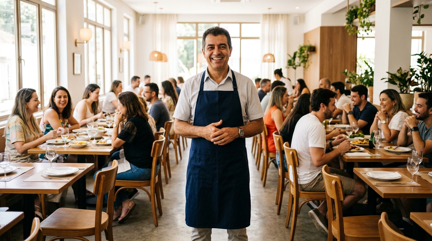 Dono de restaurante no seu salao movimentado, seguro empresarial completo