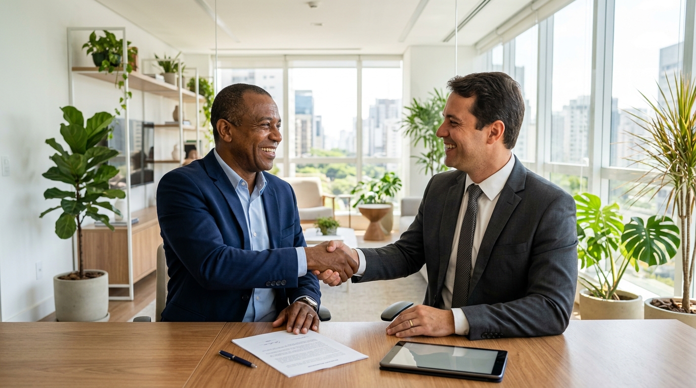 Empresario e corretor apertando as maos, reajuste do seguro empresarial