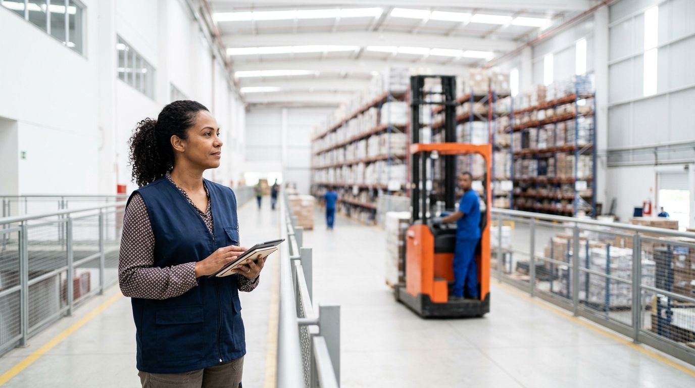 Gestora inspecionando o galpao, mapeamento de riscos da empresa