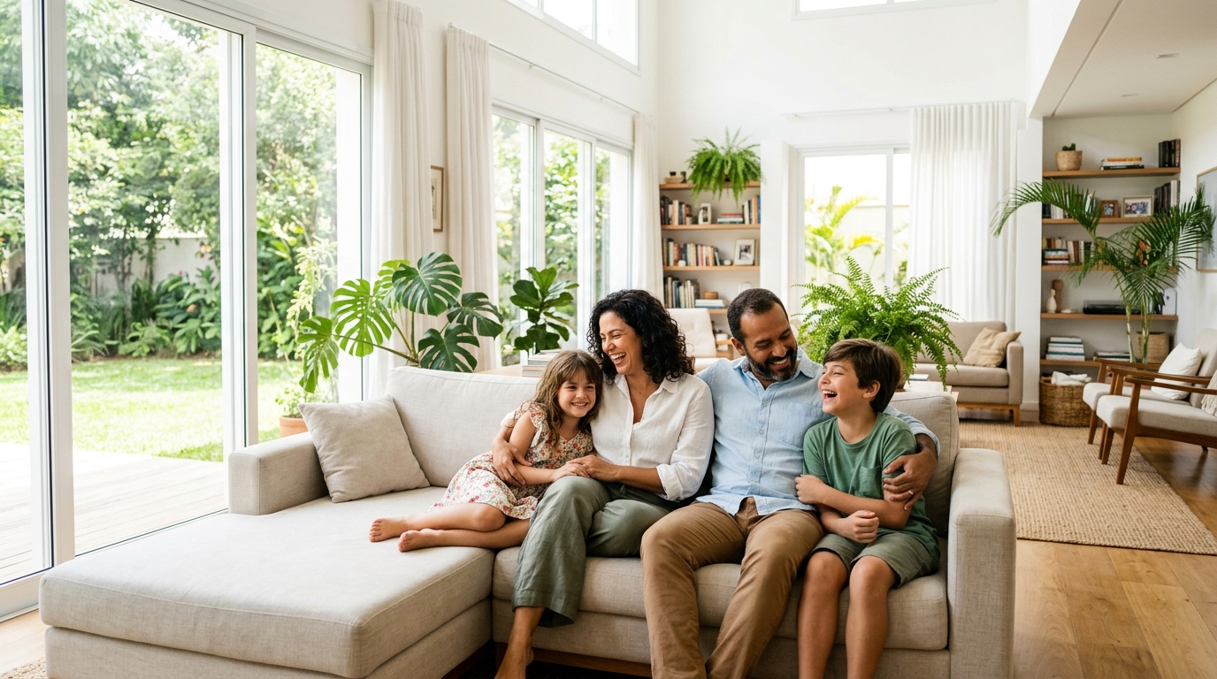 Familia brasileira feliz em casa clara, plano de saude PME
