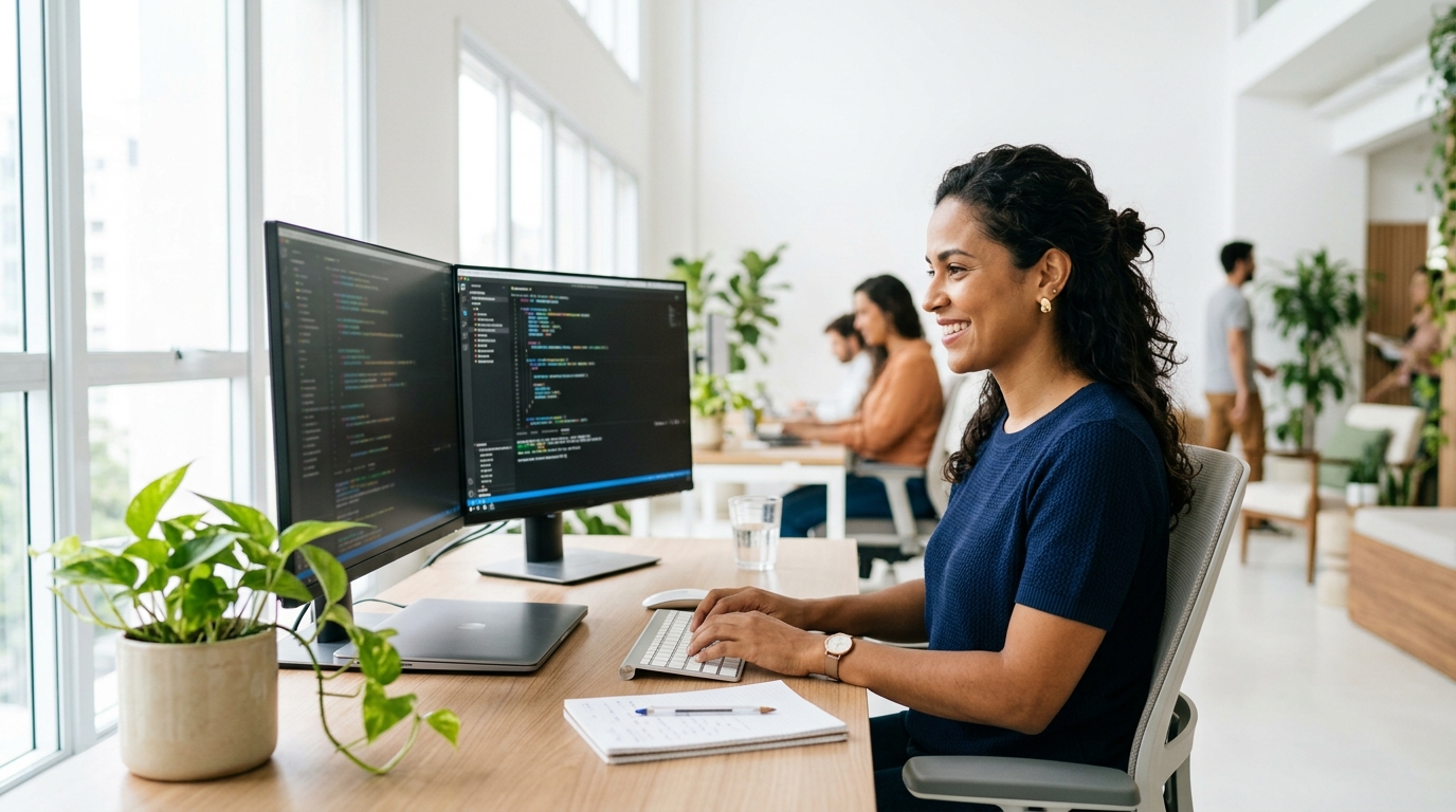 Profissional de TI programando no computador, seguro cyber para PME