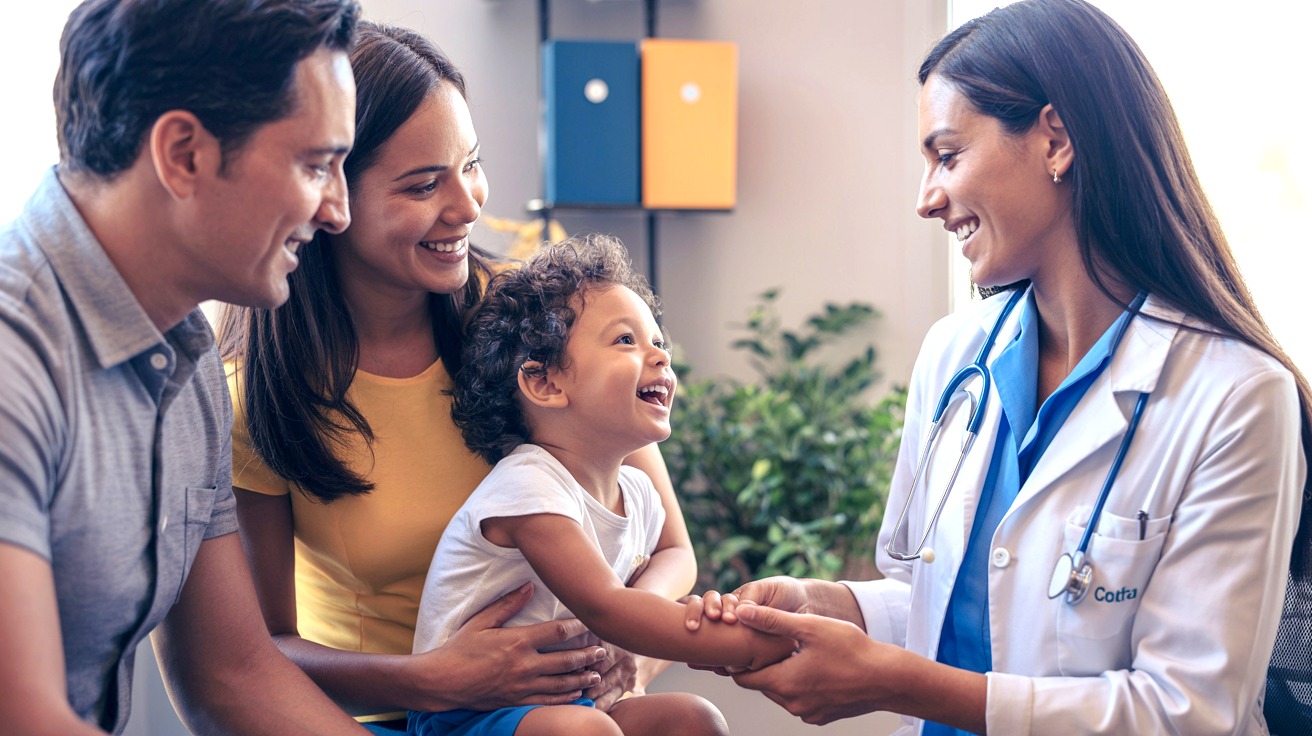 Familia com filho em consulta com medica, cuidado do plano de saude empresarial