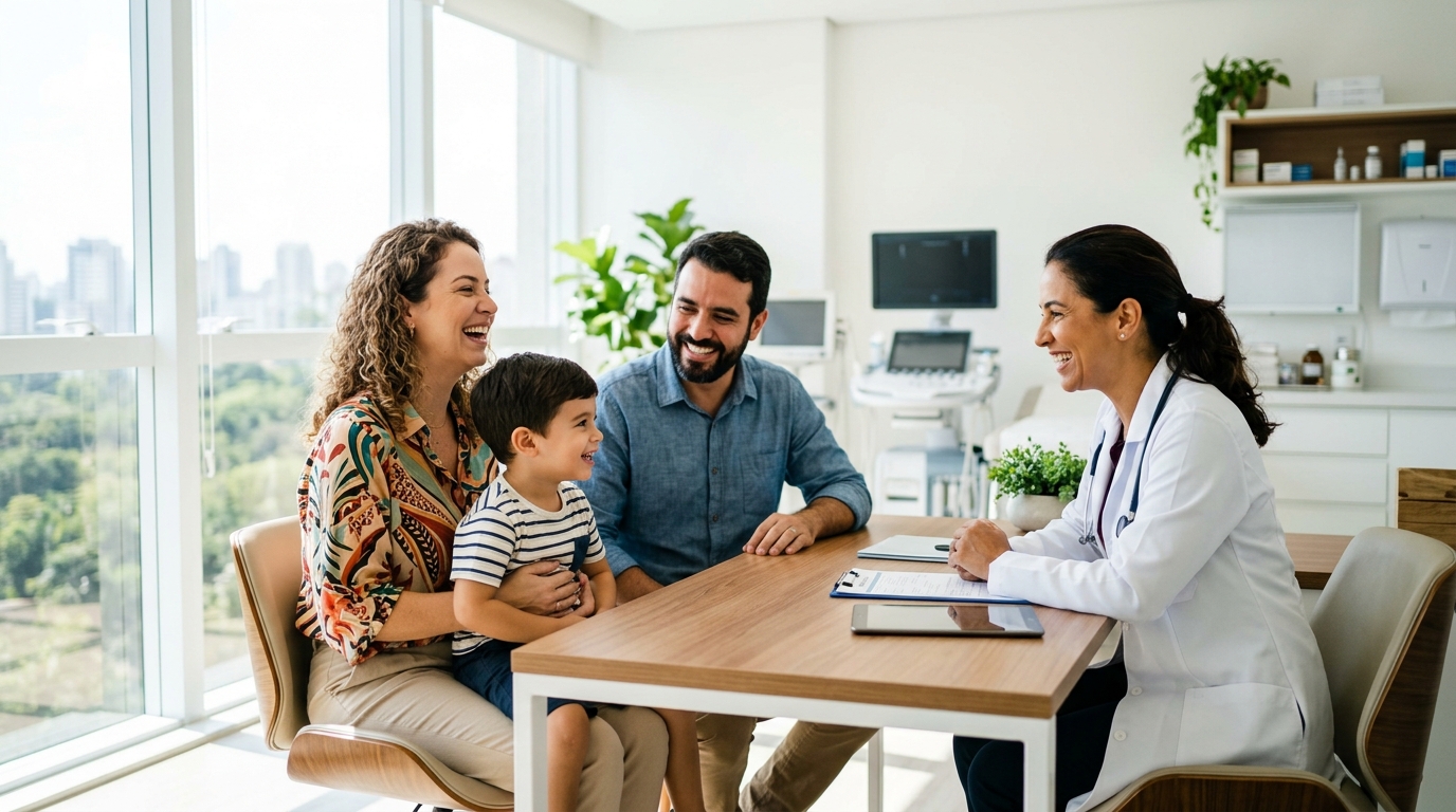 Familia com filho em consulta com medica em hospital moderno, plano de saude empresarial