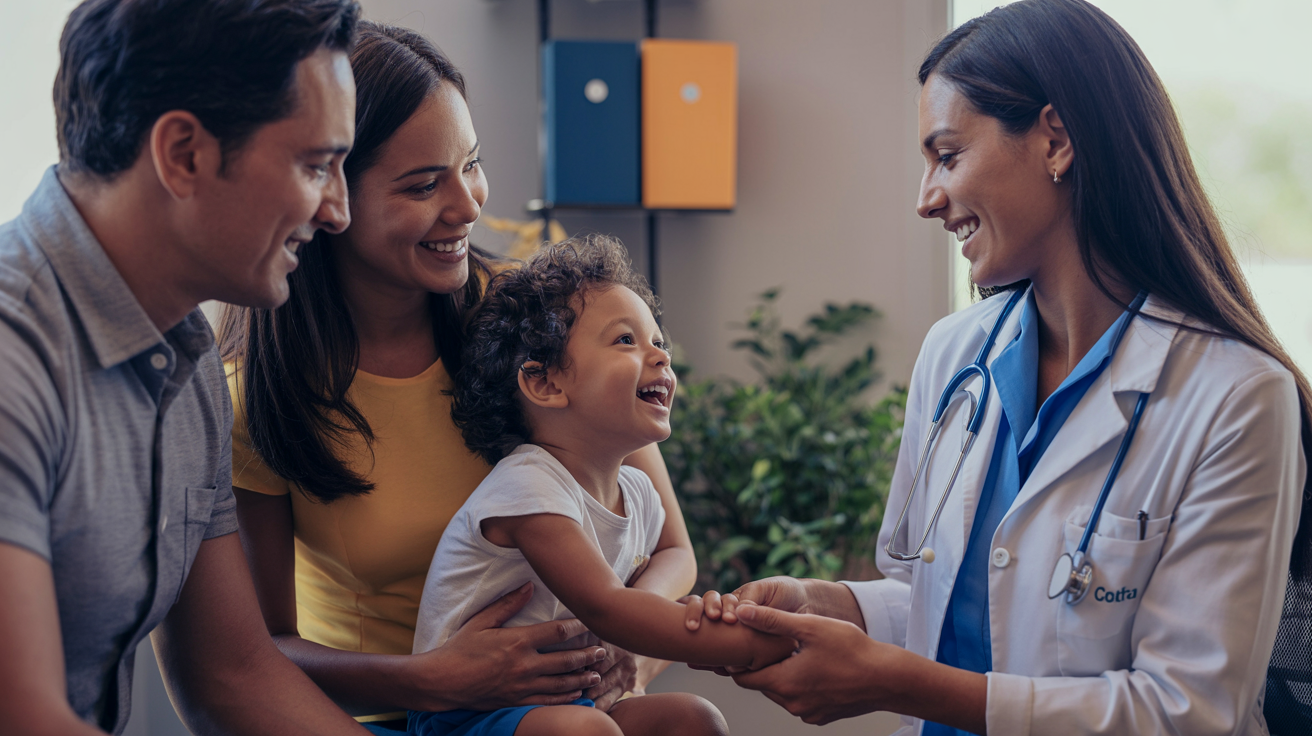 Família com filho em consulta com médica, cuidado do plano de saúde empresarial