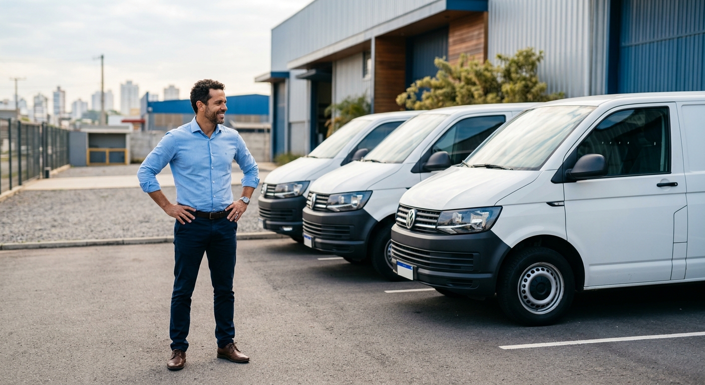 Dono de PME confiante diante de frota de vans da empresa — seguro de frota para PME em pátio industrial