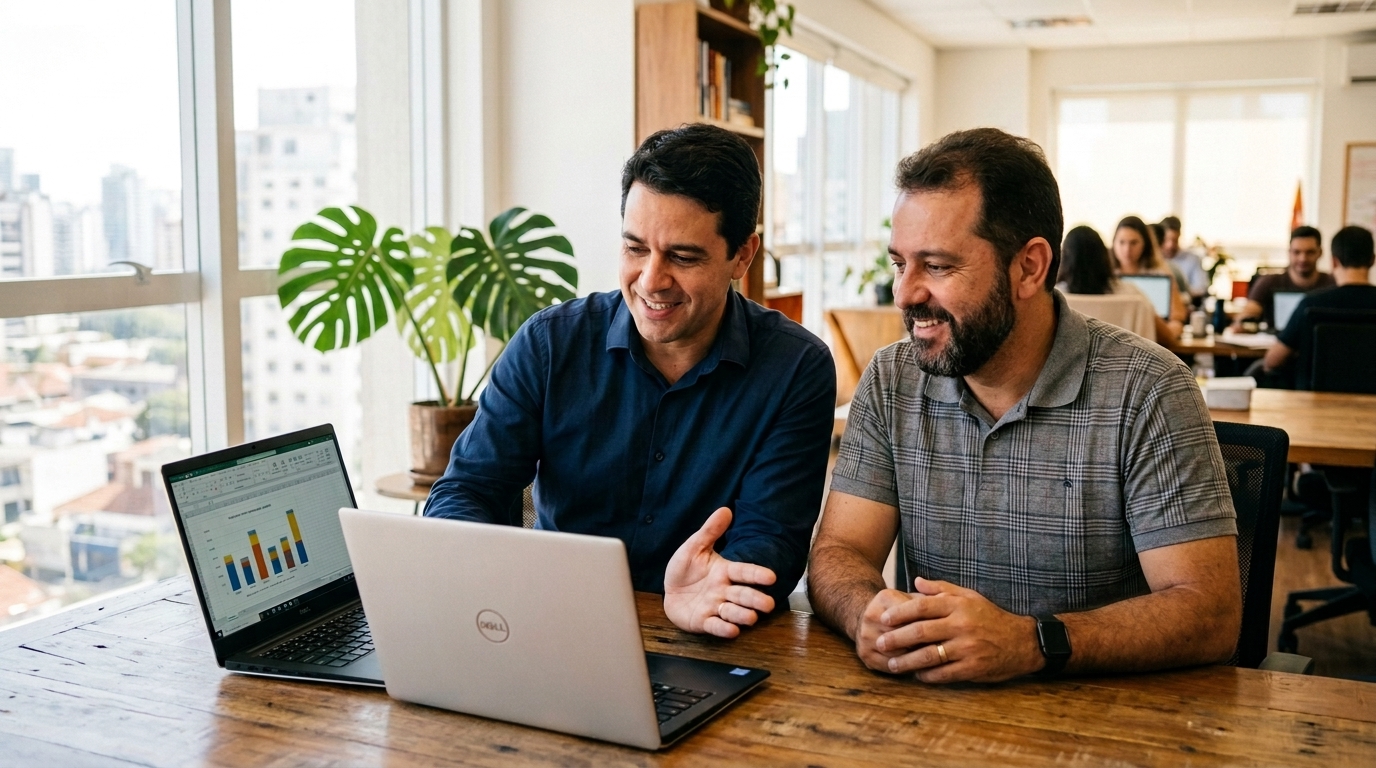 Corretor e dono de empresa analisando juntos a proposta de seguro empresarial