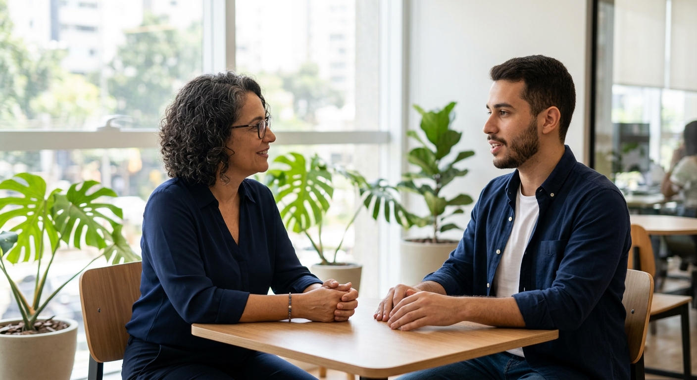 Gestora de RH de PME brasileira em conversa de suporte com funcionario em ambiente de trabalho acolhedor