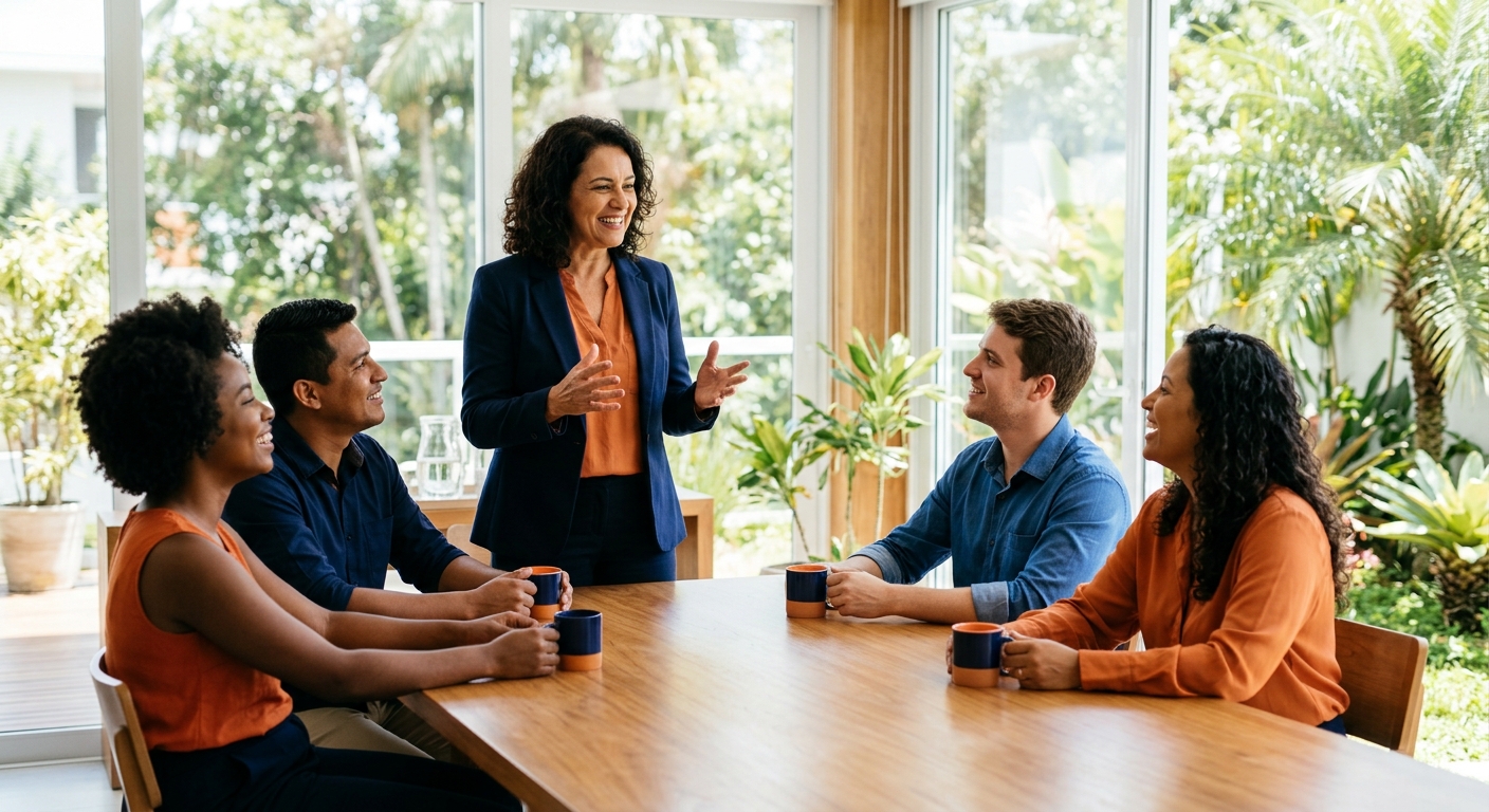 Gestora de PME brasileira apresenta pacote de beneficios para equipe diversa em reuniao luminosa com plantas ao fundo