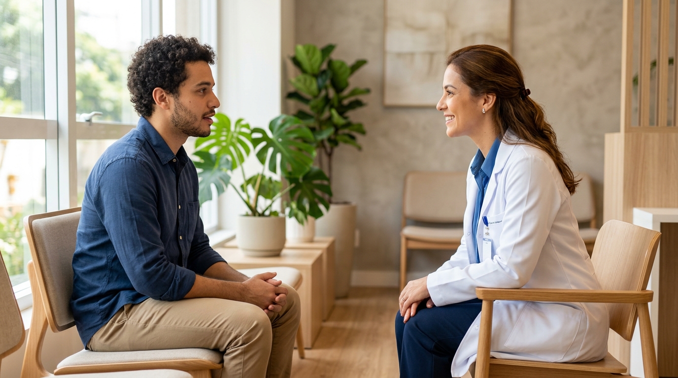 Coparticipação em plano de saúde empresarial: funcionário em consulta médica coberta pelo plano coletivo