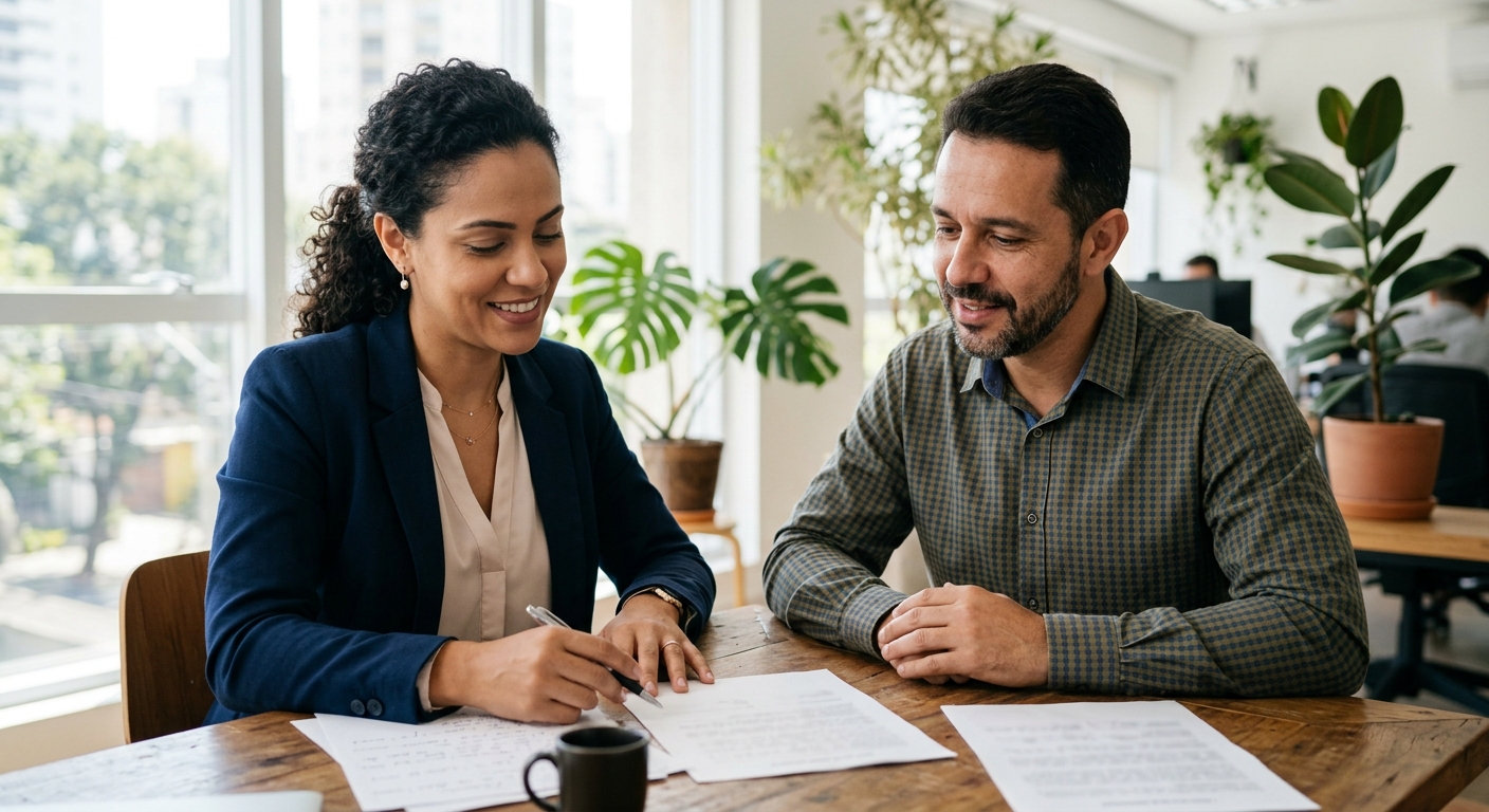 Corretora e empresário analisando proposta de seguro para empresa à mesa em escritório claro