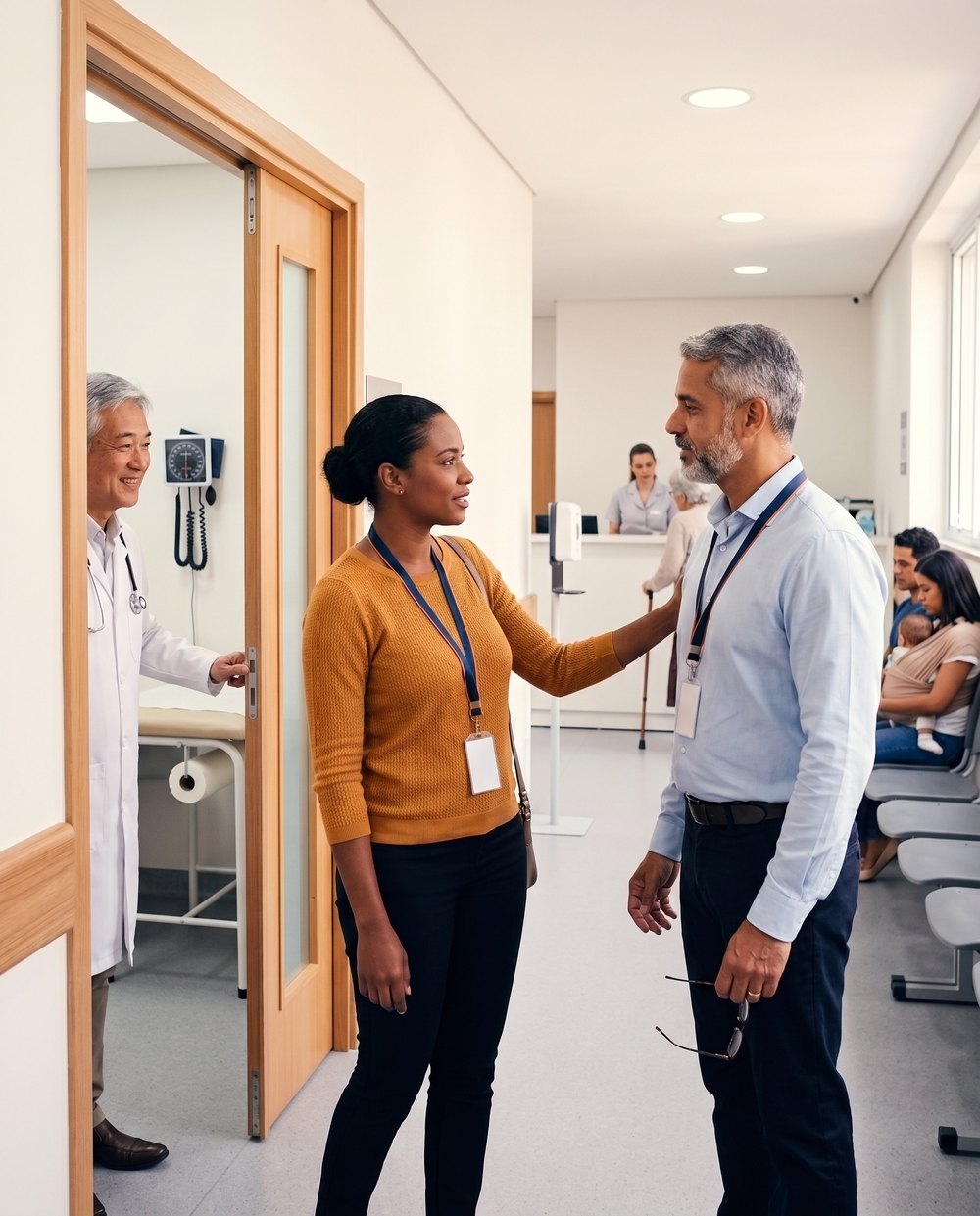 Na porta do consultório de um centro médico, a analista que acabou de ser atendida toca o braço do sócio da empresa, o próximo paciente, enquanto o médico segura a porta.