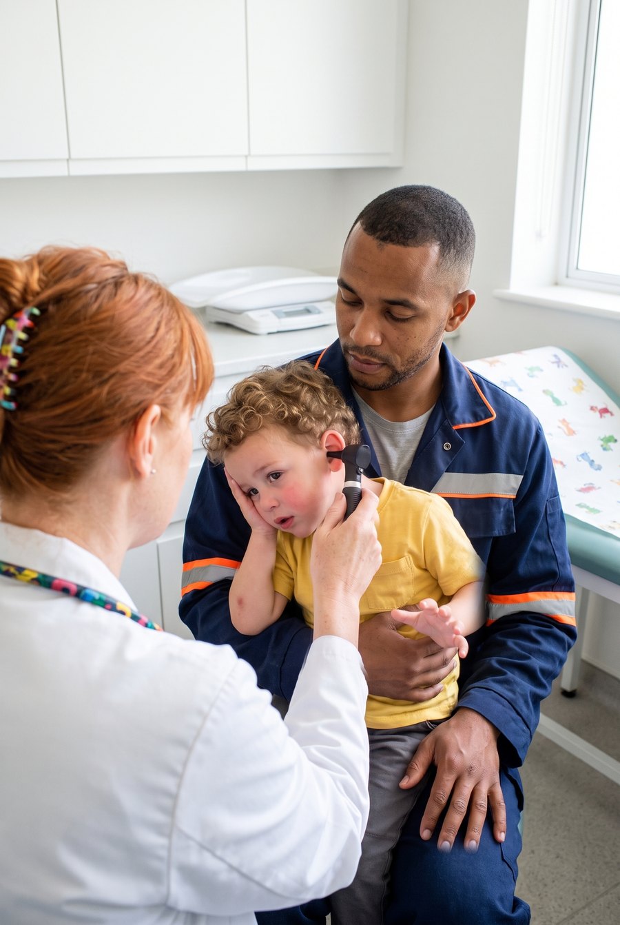 Pai de uniforme de trabalho segura o filho no colo enquanto a pediatra examina o ouvido do menino com o otoscópio.