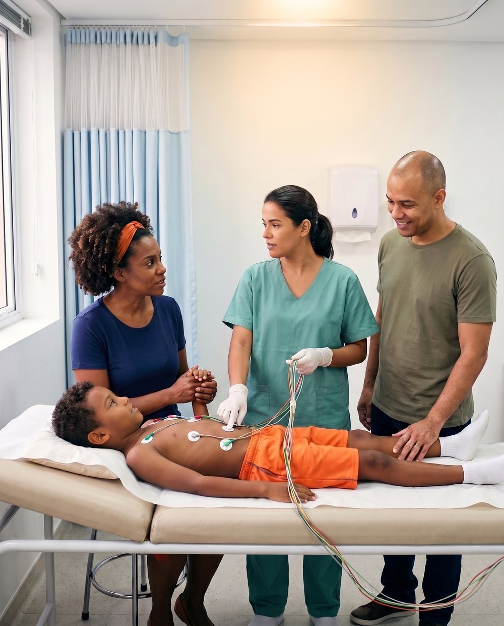 Numa sala de exames, o menino deitado na maca faz eletrocardiograma segurando a mão da mãe, que conversa com a técnica, enquanto o pai apoia a mão na perna dele.