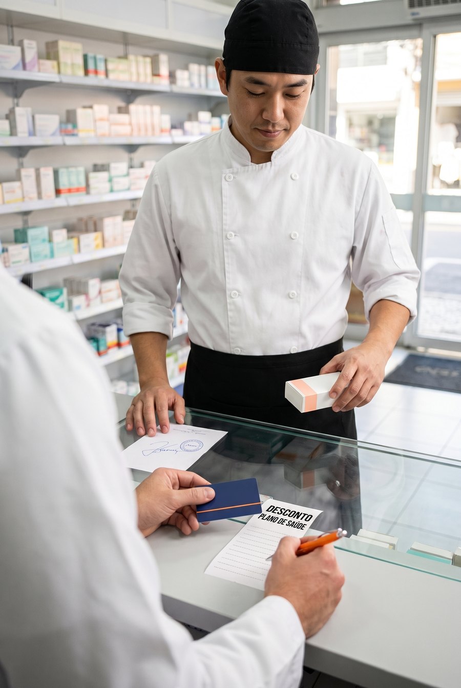 Na farmácia, o farmacêutico devolve a carteirinha do plano e marca no cupom a linha "desconto plano de saúde" enquanto o chef, de dólmã e avental, segura o remédio do mês.