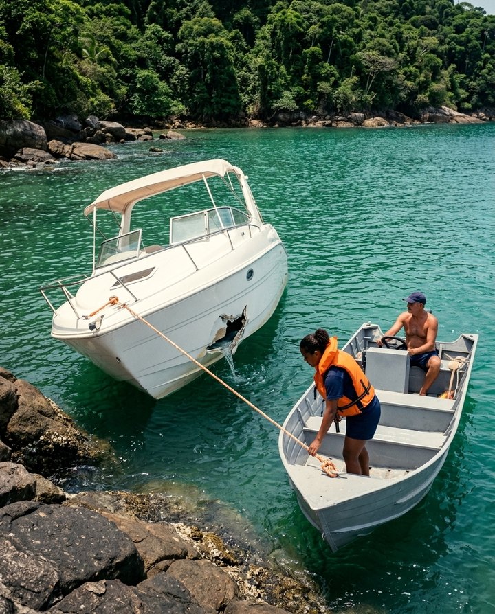 Lancha de passeio com o casco rasgado na linha d'água, perto das pedras de uma ilha, presa pelo cabo de reboque a um barco de apoio em que uma marinheira de colete laranja segura o cabo.