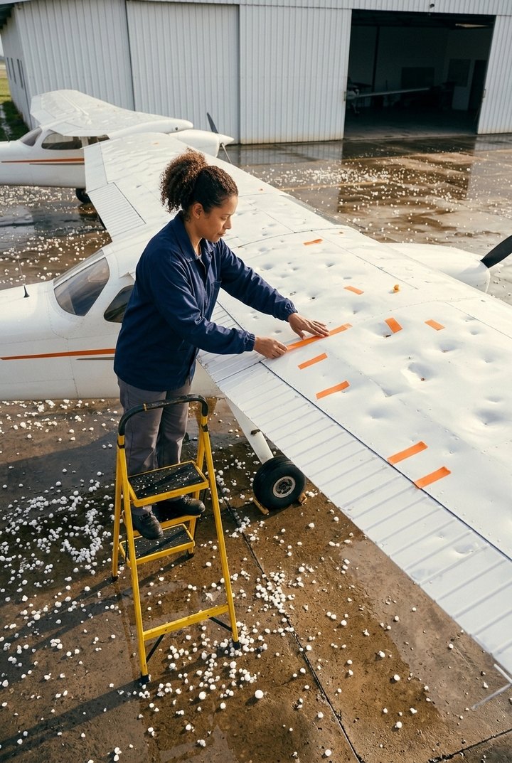 Avião de treinamento com a asa coberta de amassados de granizo, pedras de gelo espalhadas no pátio molhado e uma inspetora numa escada marcando os amassados com fitas laranja.