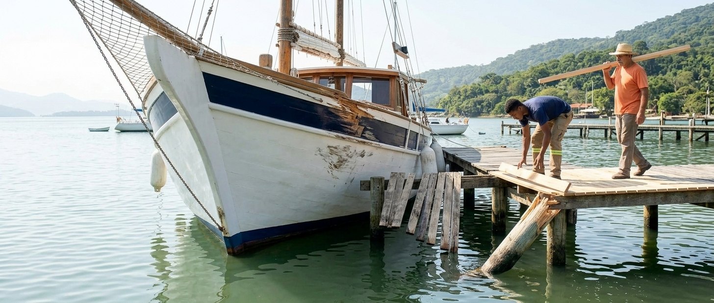 Escuna de turismo atracada junto a um píer de madeira quebrado, com tábuas partidas e uma estaca caída na água, o costado lascado e raspado no ponto da batida e dois carpinteiros refazendo o píer.