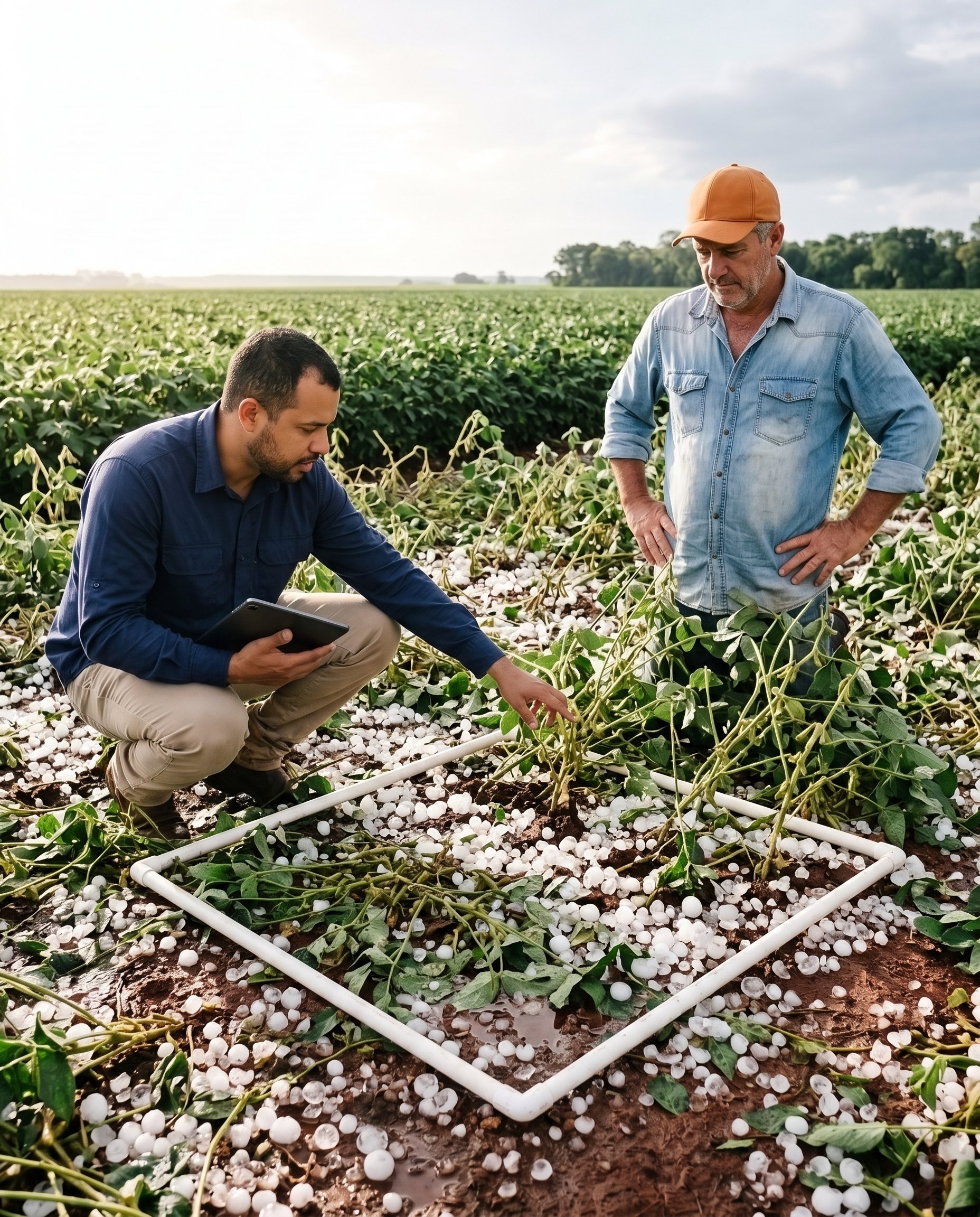 Agrônomo agachado conta as plantas de soja rasgadas pelo granizo dentro de uma armação no chão coberto de gelo, enquanto o produtor acompanha de pé.