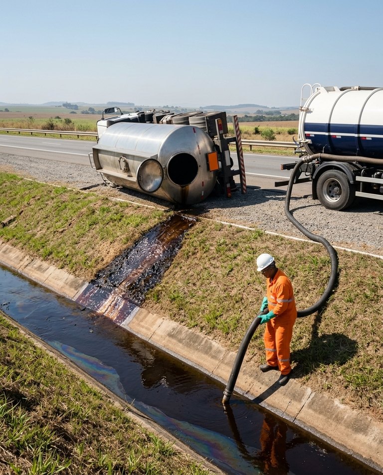 Caminhão-tanque tombado no acostamento de uma rodovia; o produto escuro escorre pelo barranco até a vala de drenagem, onde um trabalhador de macacão laranja recolhe o líquido com a mangueira de um caminhão de sucção.