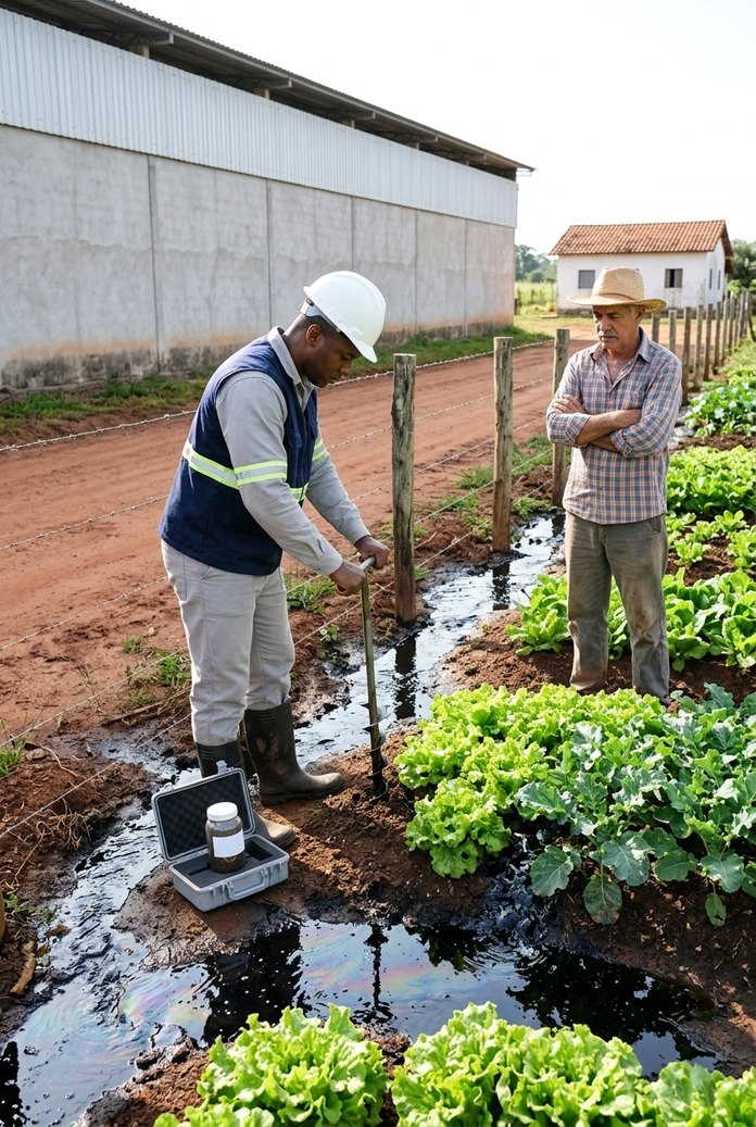 Líquido escuro e brilhante vindo da fábrica do outro lado da estrada de terra se espalha entre os canteiros de alface e couve de um sítio vizinho; um técnico ambiental enfia um trado no solo para coletar amostra enquanto o agricultor observa de braços cruzados.