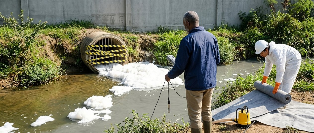 Tubulação de efluente de uma fábrica fechada com fita listrada amarela e preta, com espuma branca no córrego; um engenheiro segura uma sonda de medição sobre a água e uma trabalhadora de macacão branco estende uma manta no barranco ao lado de uma bomba.