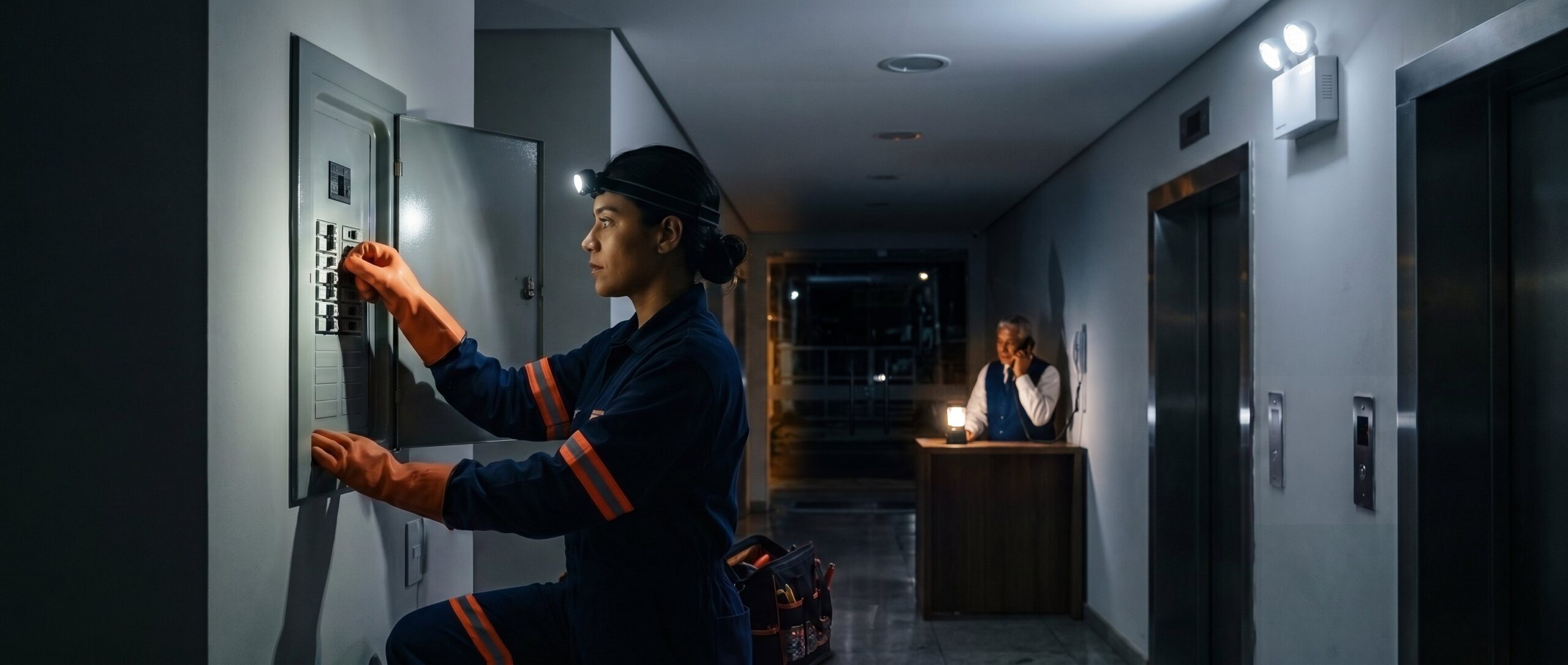 Durante uma falta de energia à noite no hall do condomínio, com só a luz de emergência acesa, uma eletricista de lanterna de cabeça religa o quadro de luz enquanto, no fundo escuro, o porteiro avisa os moradores pelo interfone à luz de uma lanterna.
