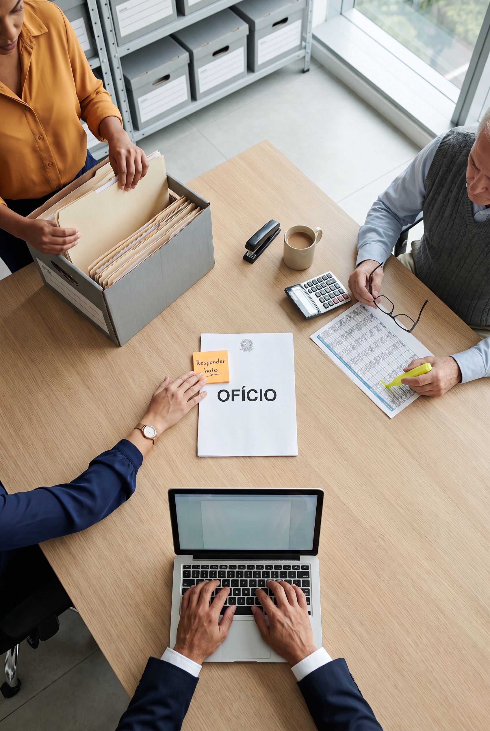 Vista de cima de uma mesa da empresa onde um ofício de órgão público recebe o lembrete "Responder hoje", enquanto o advogado digita a resposta, uma funcionária separa pastas e um perito marca uma planilha.