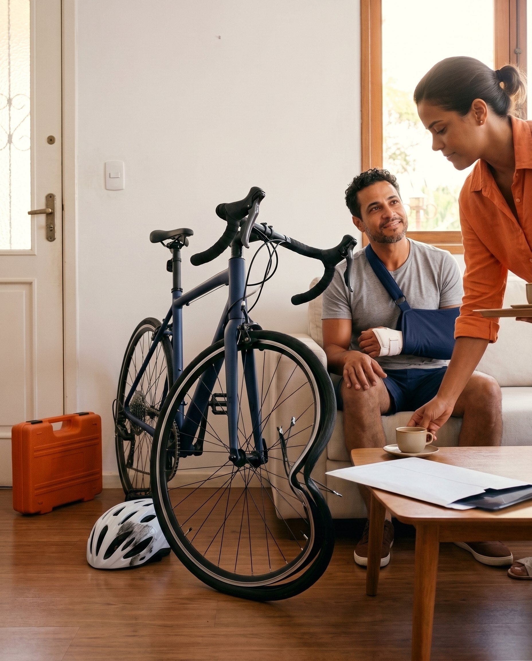 Homem com o braço na tipoia sorri no sofá enquanto a mulher serve café, ao lado da bicicleta com a roda da frente amassada e raios partidos e do capacete raspado no chão da sala.