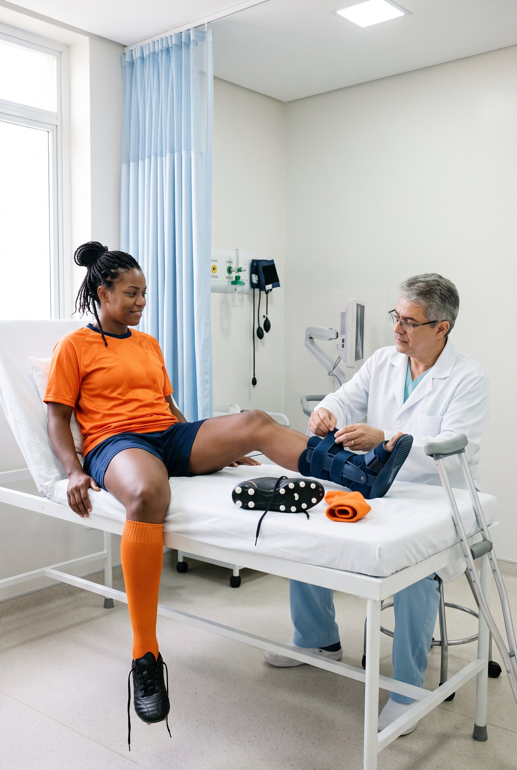 No pronto-socorro, o médico ajusta a bota imobilizadora no tornozelo de uma jogadora ainda de uniforme, com a chuteira tirada ao lado na maca e as muletas encostadas.