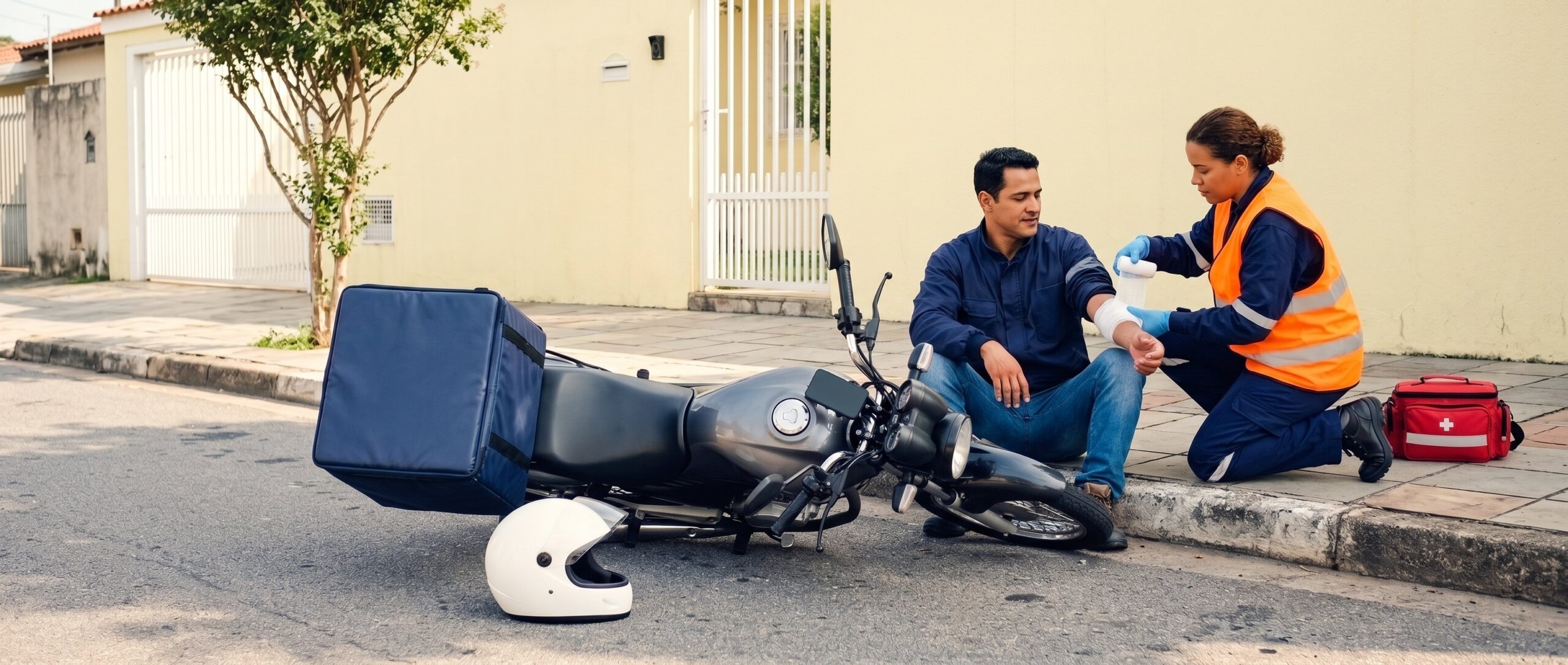 Numa rua de bairro, a moto de entrega está caída de lado junto ao meio-fio enquanto uma socorrista de colete enfaixa o braço do motociclista, sentado na calçada.