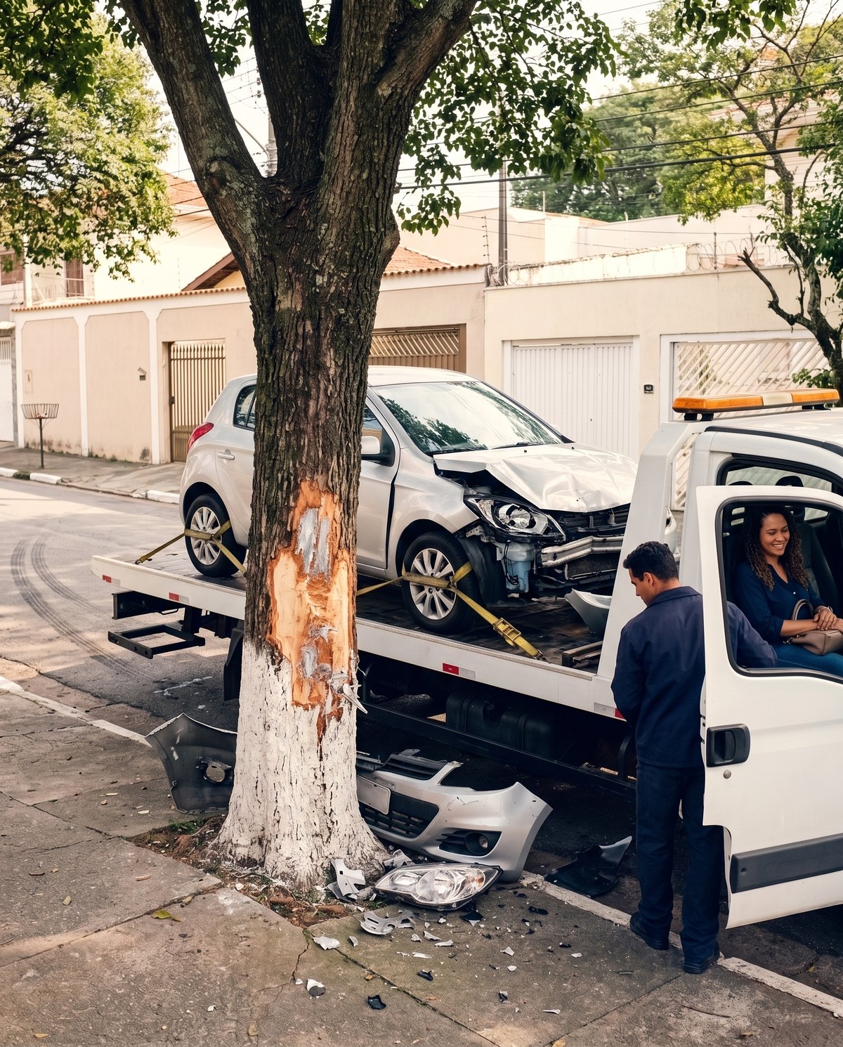 O hatch prata com a frente amassada já está preso na plataforma do guincho, ao lado da árvore da calçada que ficou marcada pela batida, com o para-choque e o farol no chão, e a dona do carro sorri sentada na cabine do guincho.