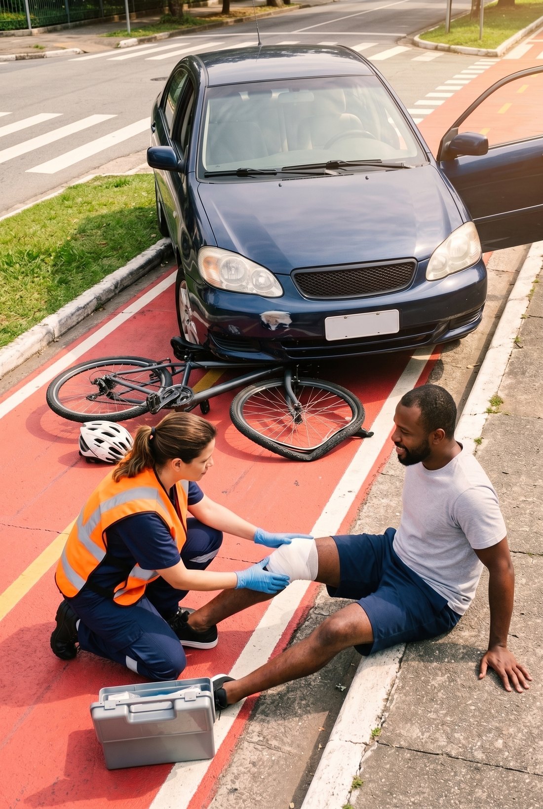 Numa ciclofaixa, a bicicleta com a roda da frente amassada está caída contra o para-choque de um sedã, com o capacete no chão, enquanto uma socorrista enfaixa o joelho do ciclista sentado no meio-fio.