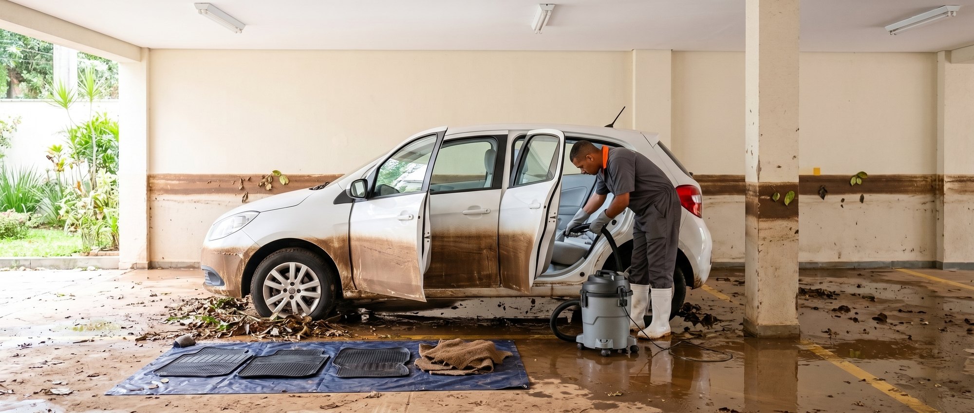 Na garagem do prédio alagada pela chuva, o hatch branco tem a marca de barro até a metade das portas em toda a lateral e um profissional limpa o interior com uma extratora, com os tapetes lavados secando no chão.