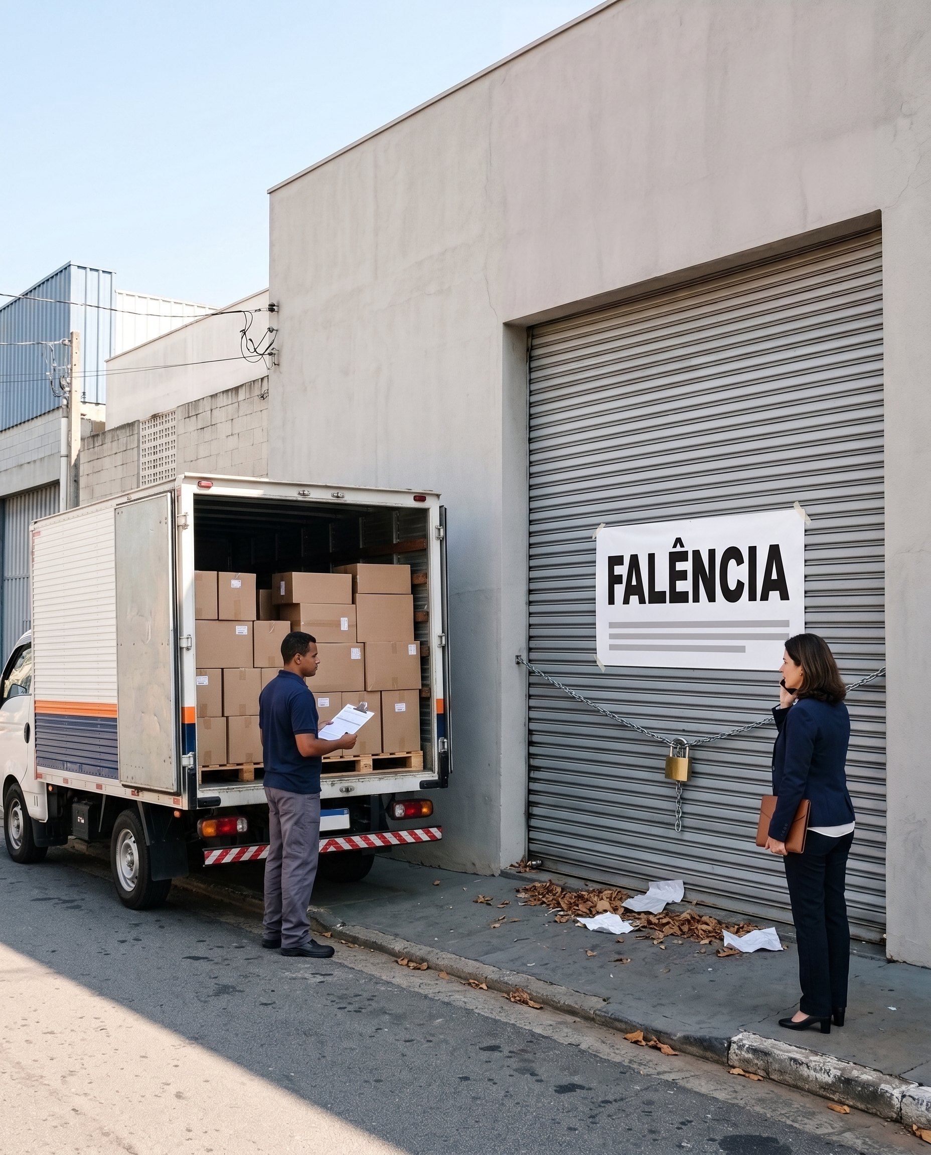 Caminhão de entrega carregado parado diante do galpão de um cliente com a porta acorrentada e o aviso de falência, enquanto a diretora financeira telefona na calçada.