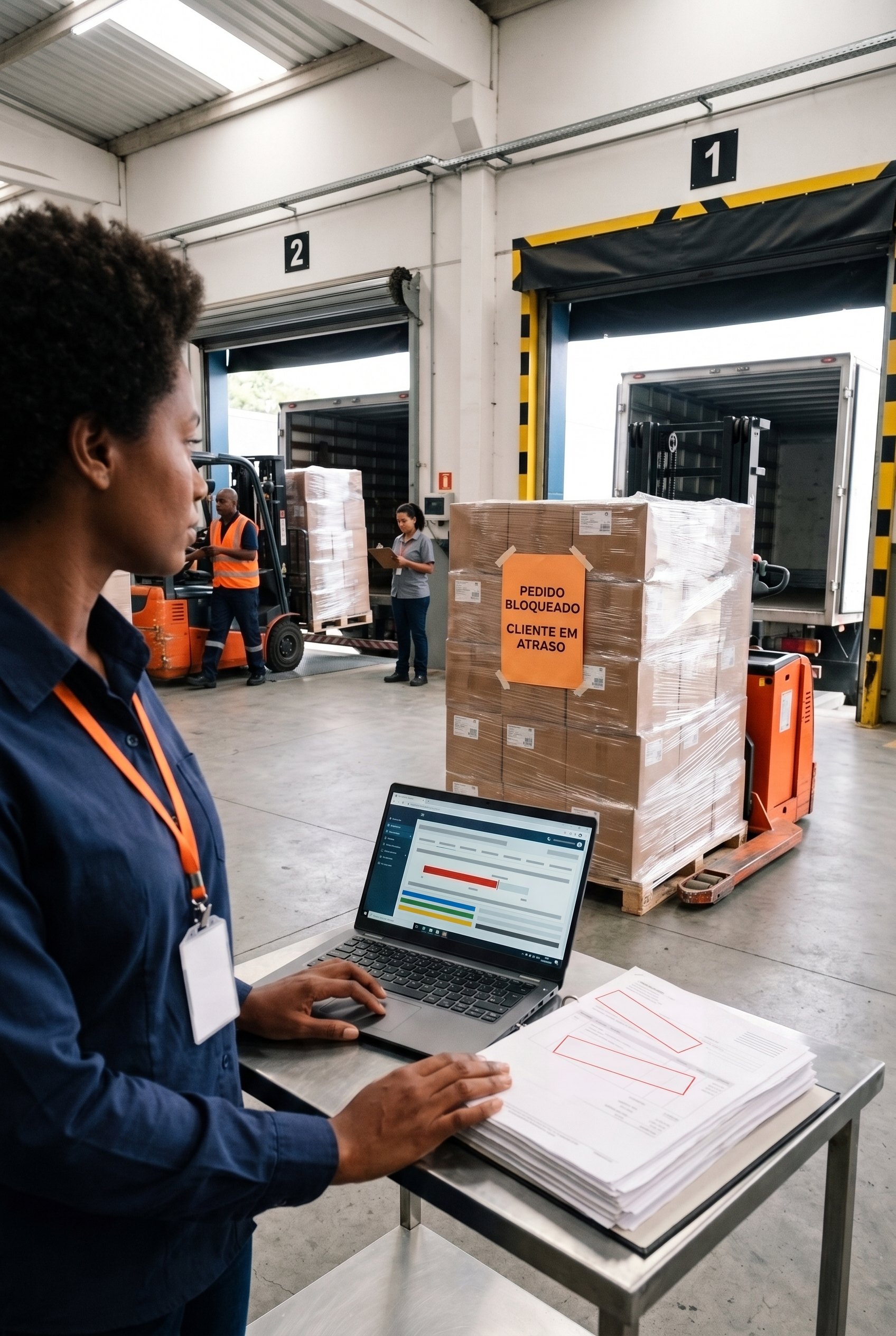 Analista de crédito confere o limite de um cliente no notebook, na doca da distribuidora, enquanto o pedido dele espera parado com o aviso de bloqueio por atraso.