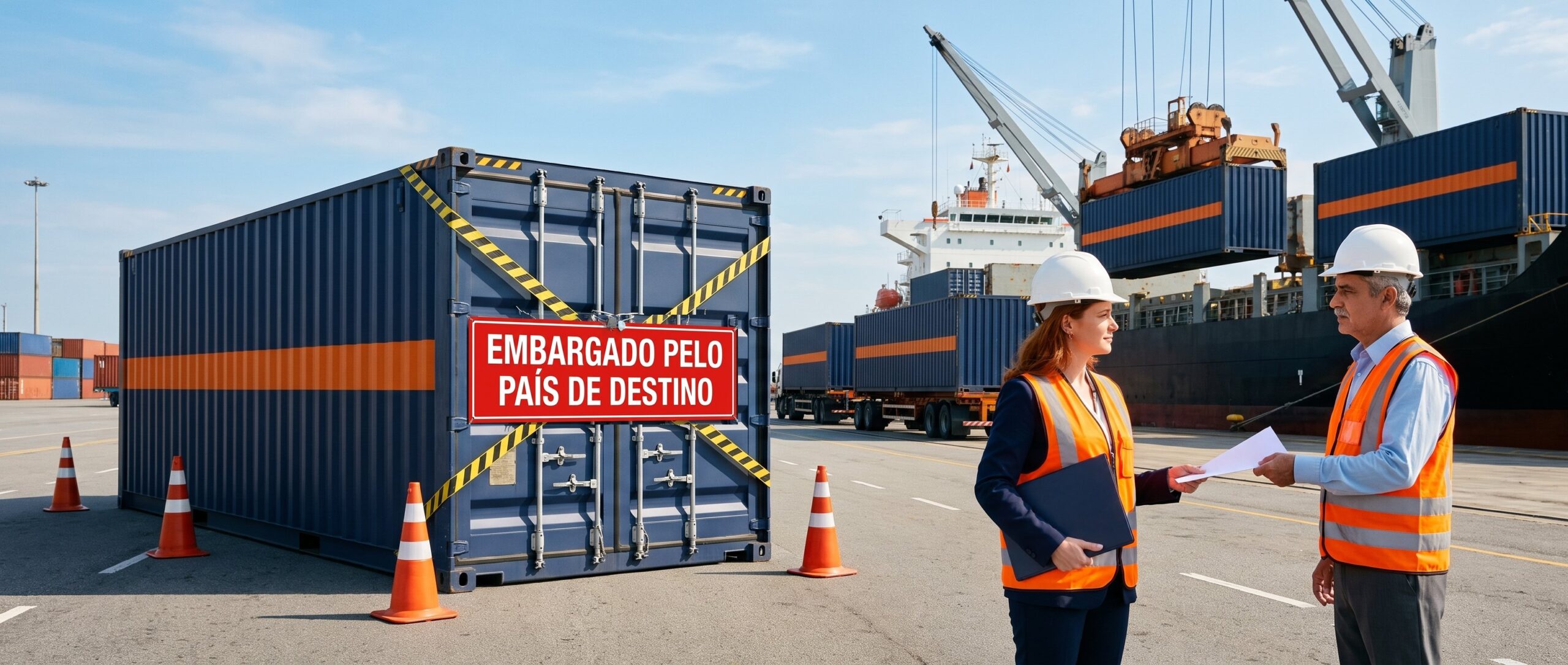 Contêiner de uma exportadora fica isolado no porto com o aviso de embargo do país de destino, enquanto a gerente recebe do despachante o documento devolvido e os outros contêineres sobem no navio.