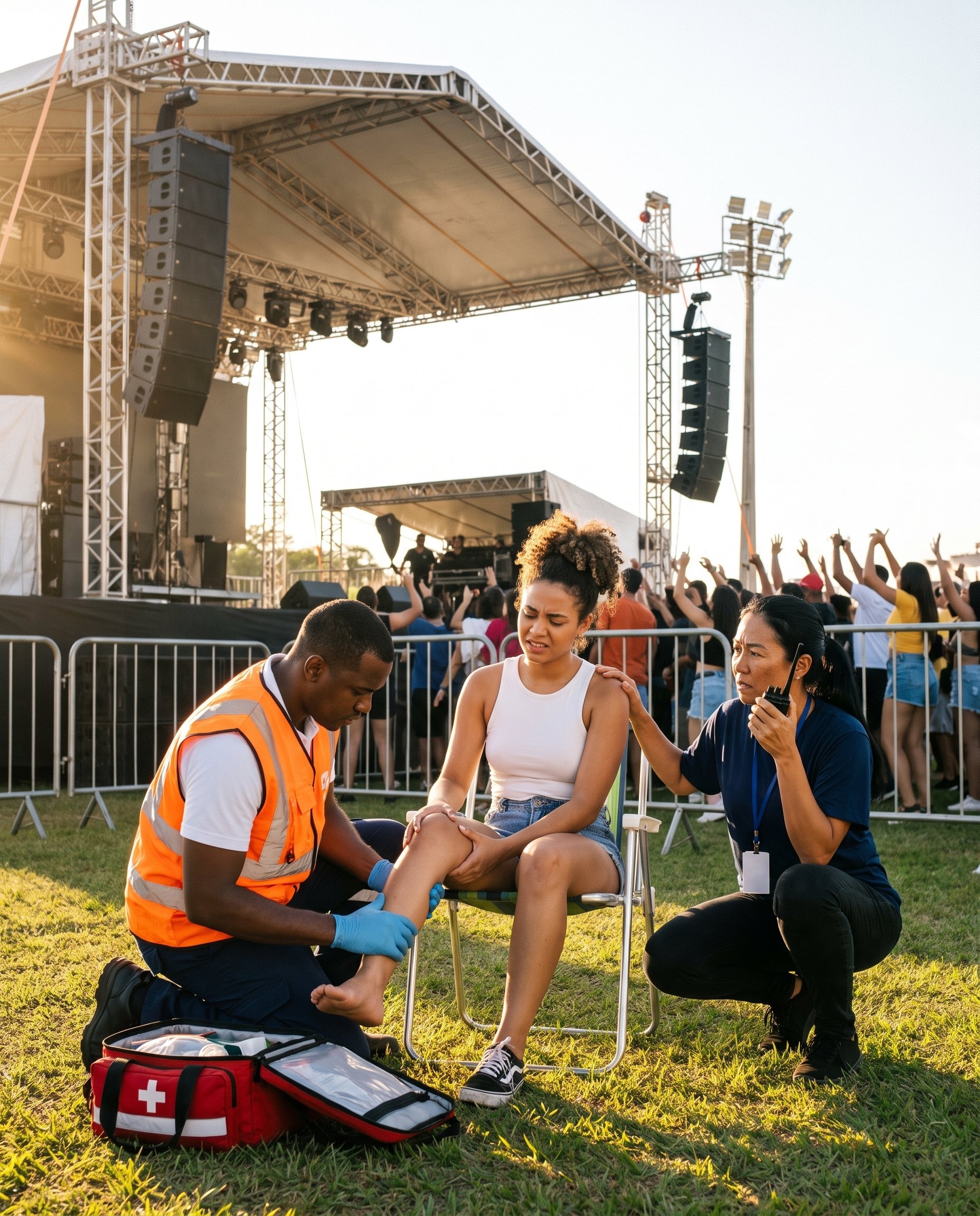 Socorrista examina o tornozelo de uma moça da plateia ao lado do palco de um festival enquanto a responsável pela produção a acompanha falando pelo rádio.