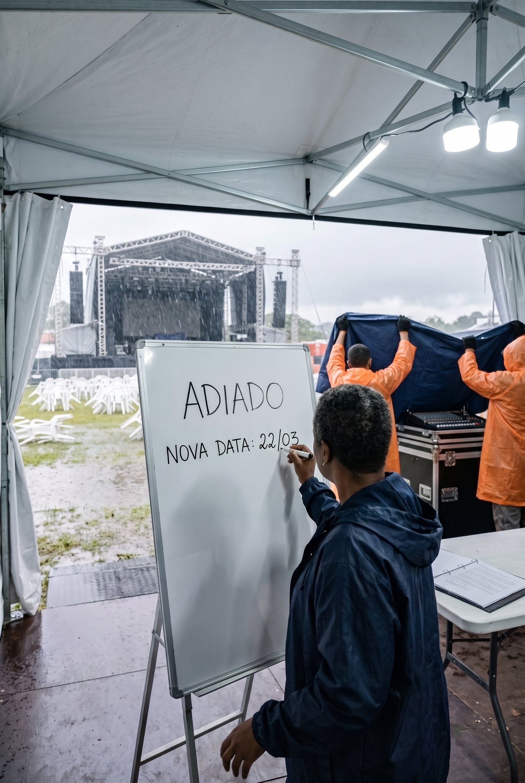 Na tenda da produção, a organizadora, de pé, escreve "Adiado — nova data: 22/03" no quadro, com a pasta do contrato assinado aberta na mesa ao lado, enquanto, lá fora, a equipe cobre a mesa de som com uma lona debaixo do temporal.