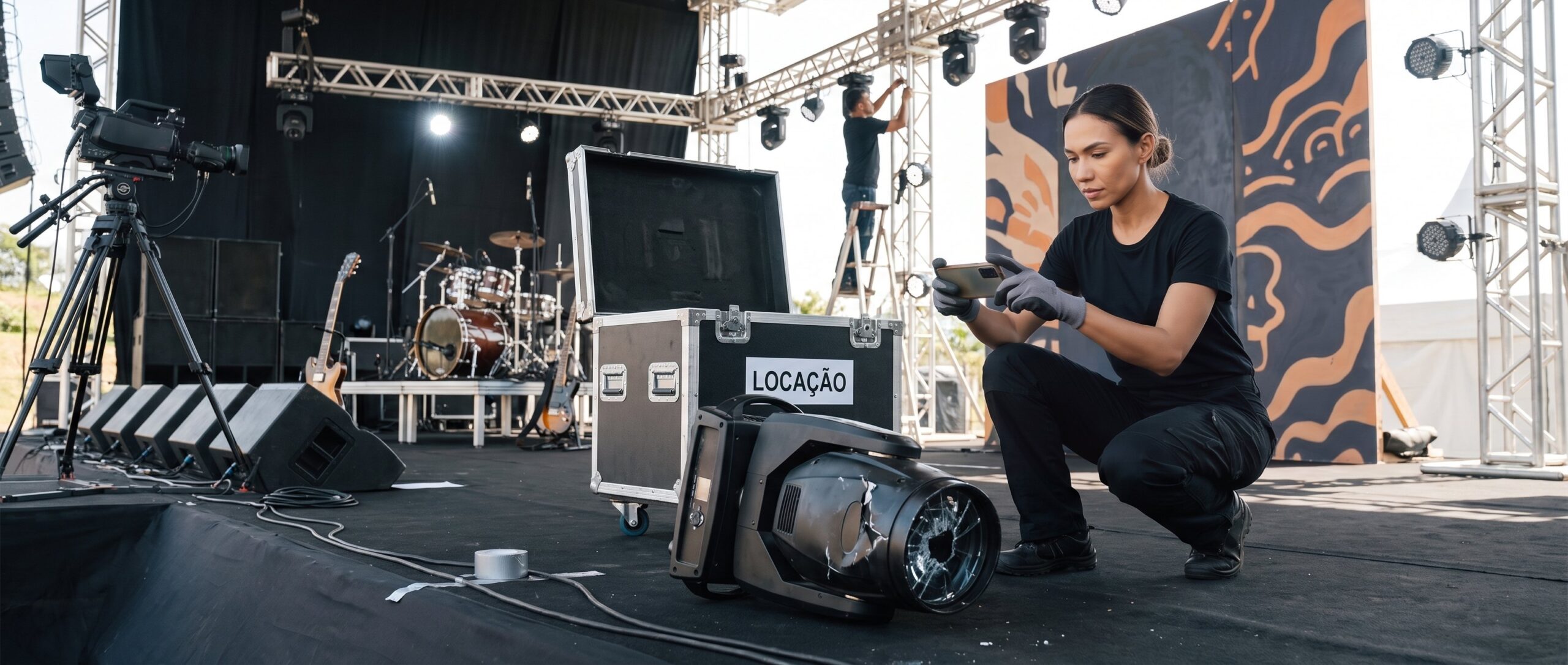 Na montagem de um palco, uma técnica fotografa com o celular um refletor que caiu da treliça e quebrou, ao lado do case da locação.