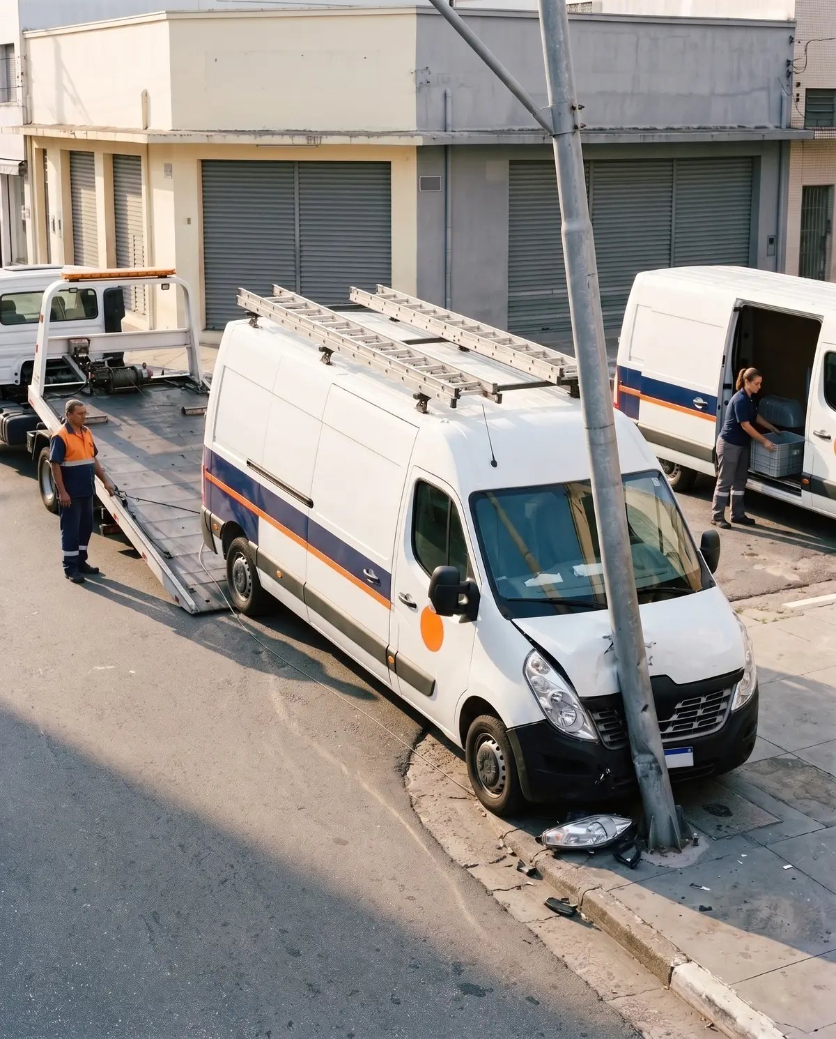 Van da empresa encravada num poste da calçada enquanto o operador do guincho puxa o cabo e uma colega carrega outra van igual da frota.