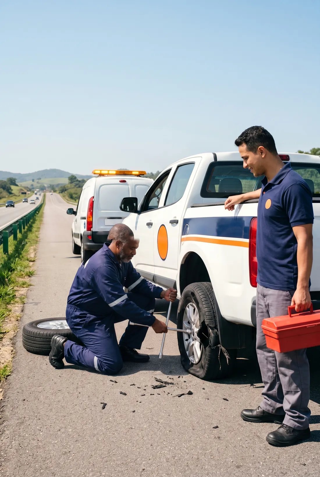 Socorrista troca, com as duas mãos na chave de roda, o pneu rasgado da picape da empresa no acostamento, enquanto o motorista espera com a caixa de ferramentas.
