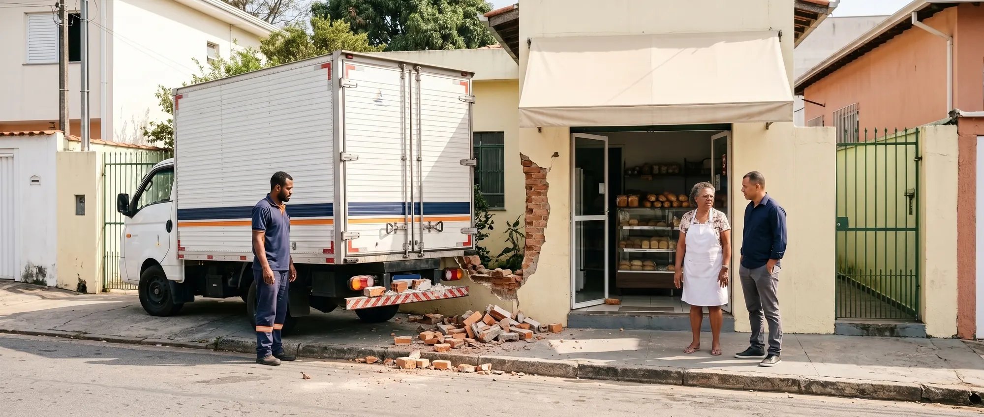 Caminhão baú da empresa encostado no trecho derrubado do muro da padaria, com tijolos sobre o para-choque e na calçada, enquanto a dona conversa com o gestor e o motorista observa.