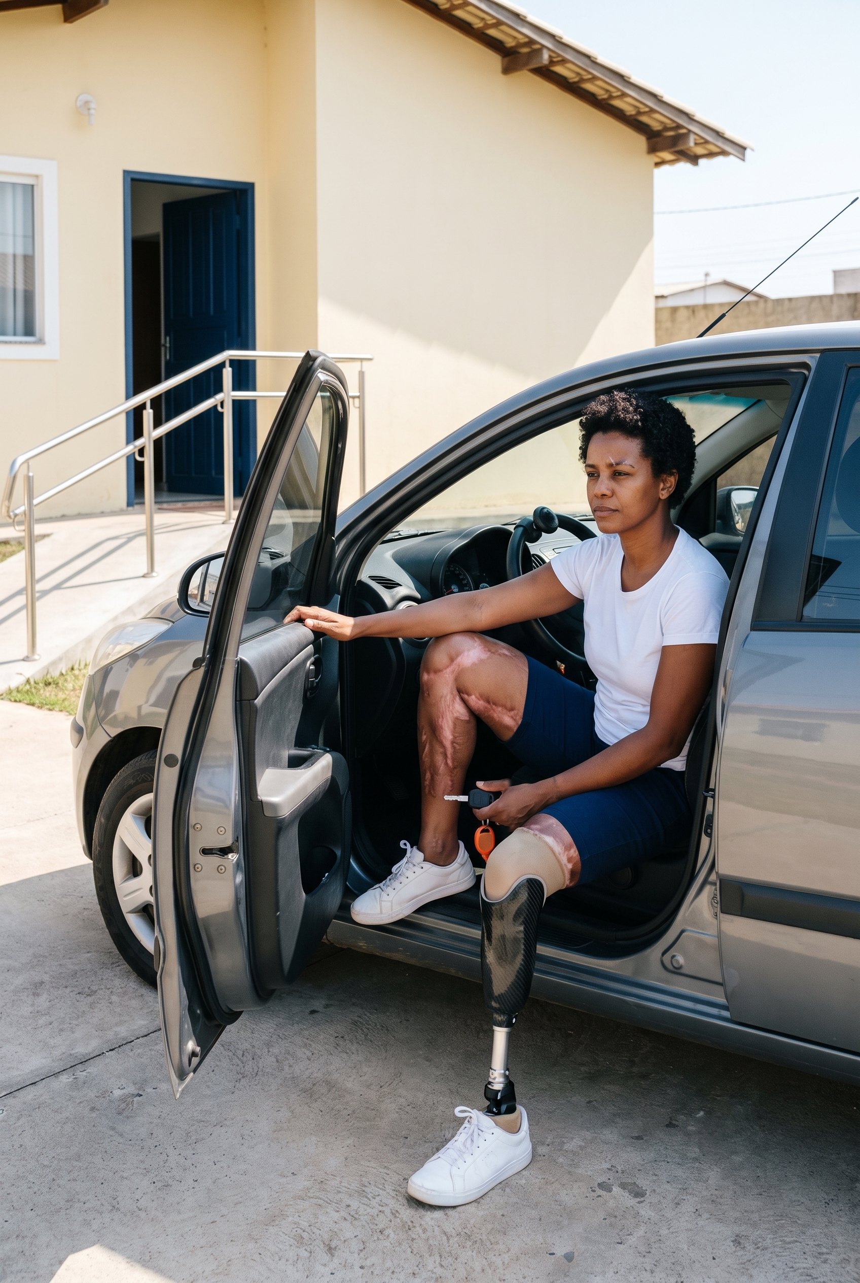 Mulher com prótese na perna esquerda, sentada no banco do motorista do próprio carro com a porta aberta, segura a chave em frente de casa.