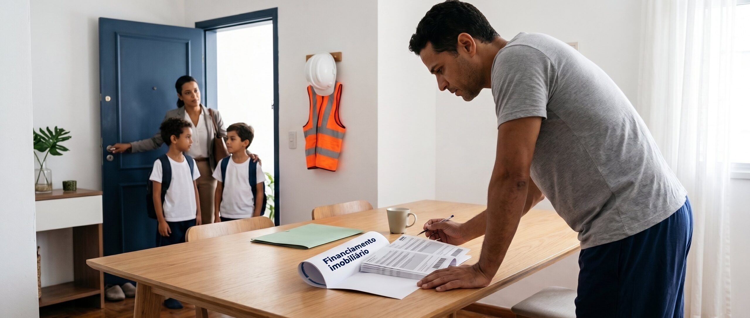 Homem de camiseta e calça de pijama confere em pé o carnê do financiamento imobiliário aberto na mesa, enquanto a mulher e os dois filhos saem pela porta para o trabalho e a escola.