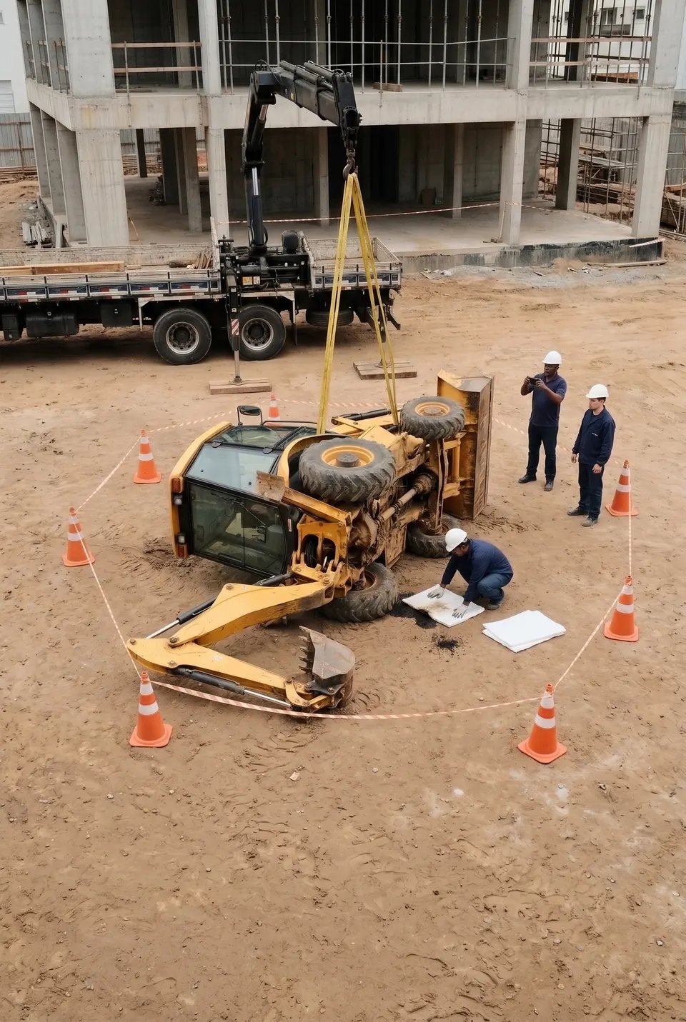 Retroescavadeira tombada de lado num canteiro de obras, presa por cintas a um caminhão-guindaste, enquanto o encarregado fotografa o dano e um operário contém o óleo derramado com uma manta absorvente.