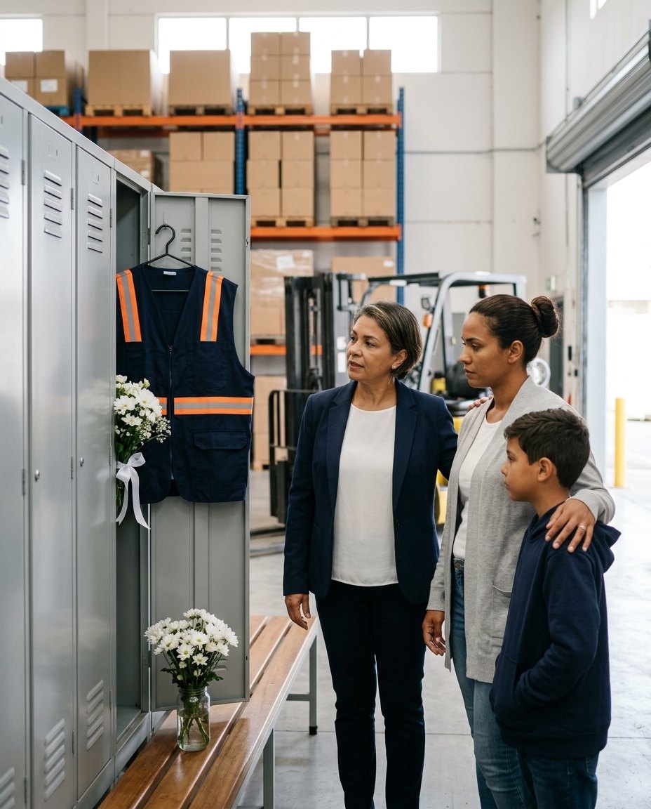 A dona da empresa, de blazer azul-marinho, está com a viúva e o filho de um funcionário diante do armário dele no galpão, onde estão pendurados o colete de trabalho e um buquê de flores brancas.