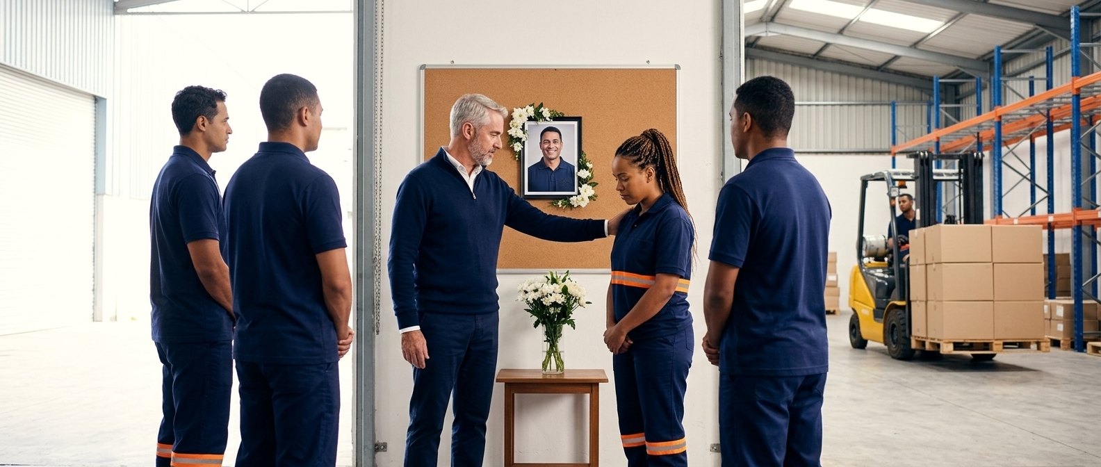 O dono da empresa põe a mão no ombro de uma funcionária diante do retrato de um colega cercado de flores brancas, num quadro de cortiça na entrada do galpão, com a equipe de uniforme reunida e uma empilhadeira trabalhando ao fundo.
