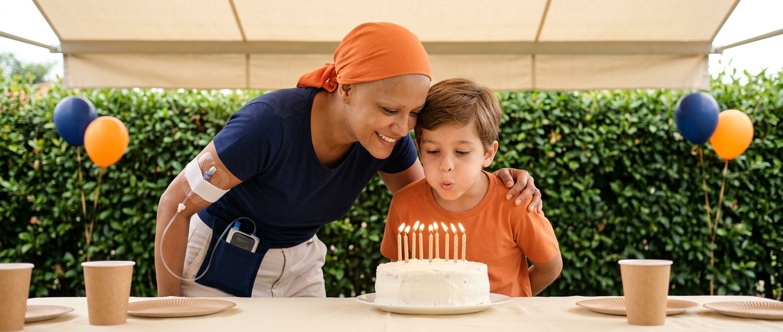 Mãe de lenço laranja na cabeça, com o cateter do tratamento no braço e a bomba de medicação na cintura, abraça o filho enquanto ele sopra as velas do bolo de aniversário no quintal.